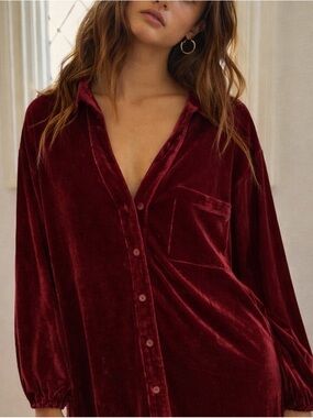 NWT Lalavon Velvet Button-Front Dress in Wine